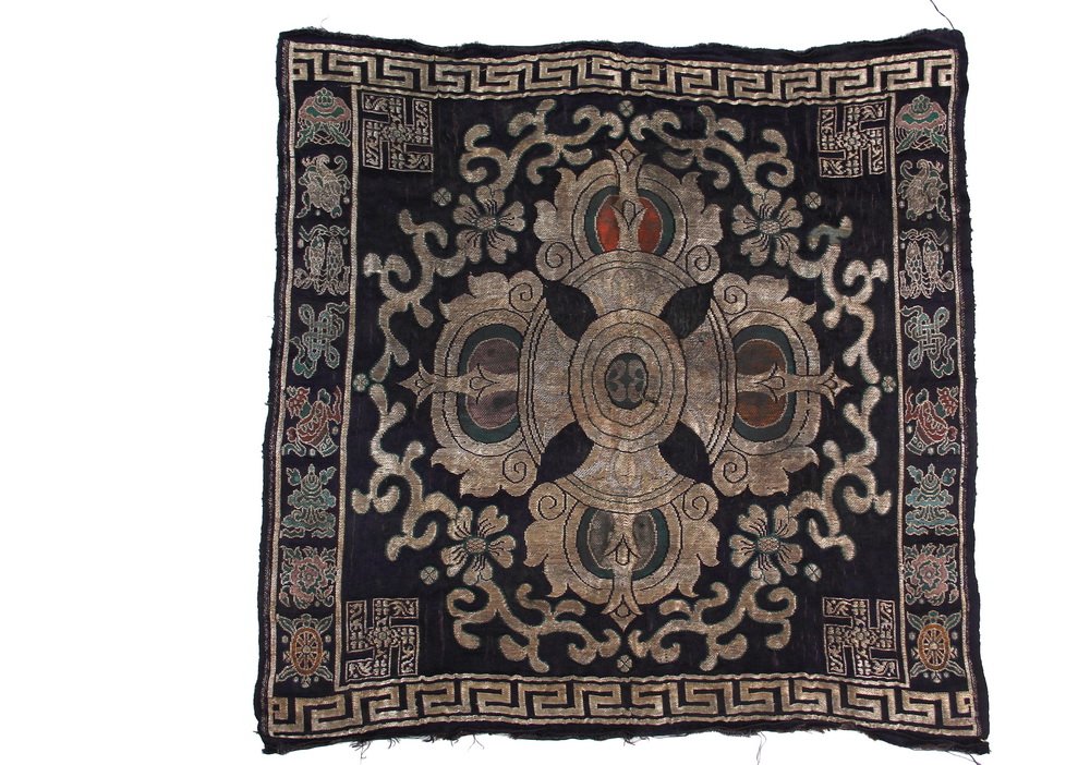 ASIAN TEXTILE - Lavishly Embroidered Early Buddhist: ASIAN TEXTILE - Lavishly Embroidered Early Buddhist Temple Altar Textile, with silver and gold bullion thread, Lhasa, Tibet. 27" square. Some corrosion to the bullion thread.