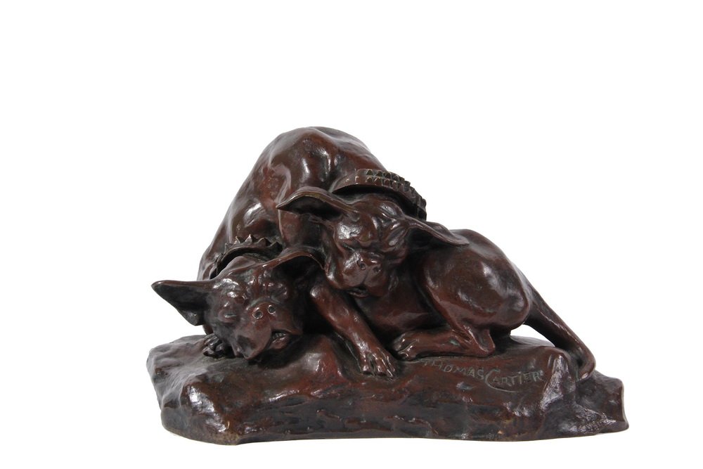 THOMAS FRANCOIS CARTIER (France, 1879-1943) - "chiens: THOMAS FRANCOIS CARTIER (France, 1879-1943) - "chiens du Chasse", a tabletop cast bronze of two dogs, signed on integral base, 5 1/2" x 9 1/2" x 5 3/4". Very good condition.