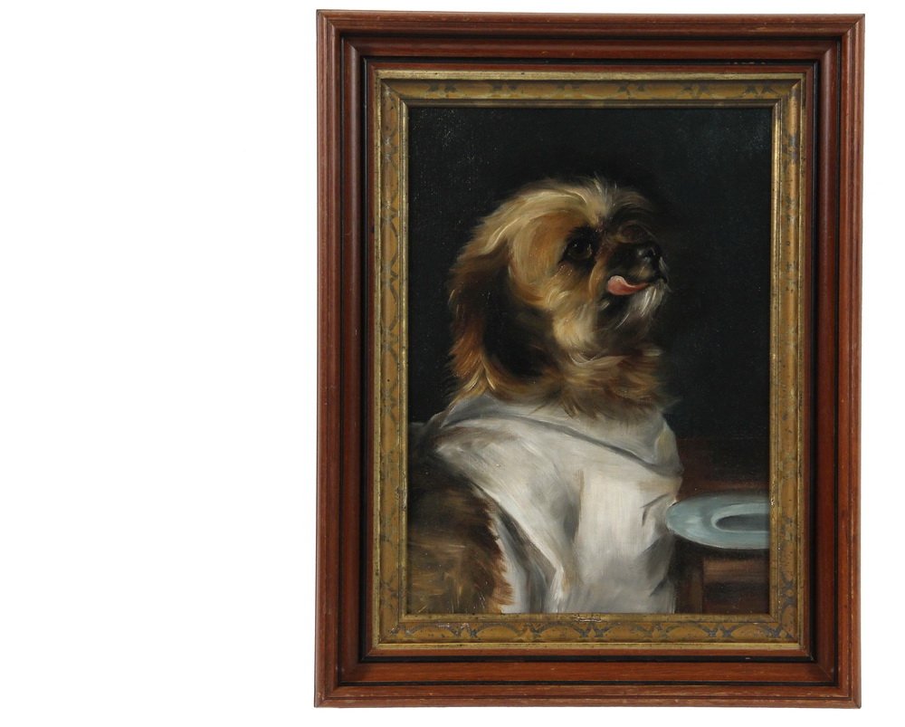 BOSTON SCHOOL ARTIST - Portrait of a Dog Awaiting: BOSTON SCHOOL ARTIST - Portrait of a Dog Awaiting Dinner, seated at a table with an empty pewter plate and having a napkin tied around his neck, licking his chops, oil on canvas, unsigned, circa 1890,