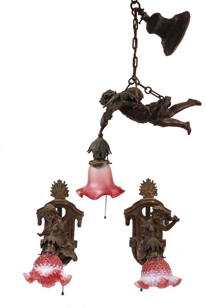 (3 PC) BELLE EPOCH ELECTRIFIED LIGHTING FIXTURES - (2): (3 PC) BELLE EPOCH ELECTRIFIED LIGHTING FIXTURES - (2) Sconces of Peasant Boys holding single downlight with cranberry to milk hobnail ruffled glass shades and a Similar Small Pendant Chandelier of a 