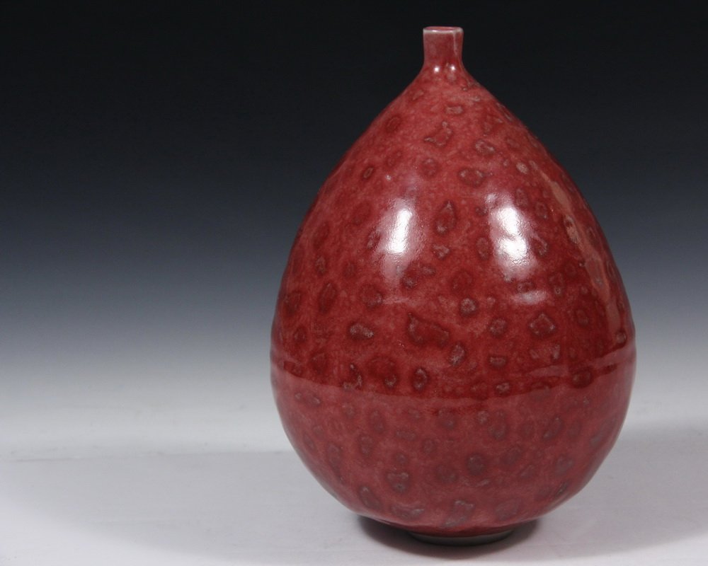 BROTHER THOMAS BEZANSON (VT, 1929-2007) - Early: BROTHER THOMAS BEZANSON (VT, 1929-2007) - Early Teardrop Vase with tiny pinched neck, in scaled red-copper glaze. Marked inside small foot "Benedictine Monks, Weston, Vermont" and with his initials. 9