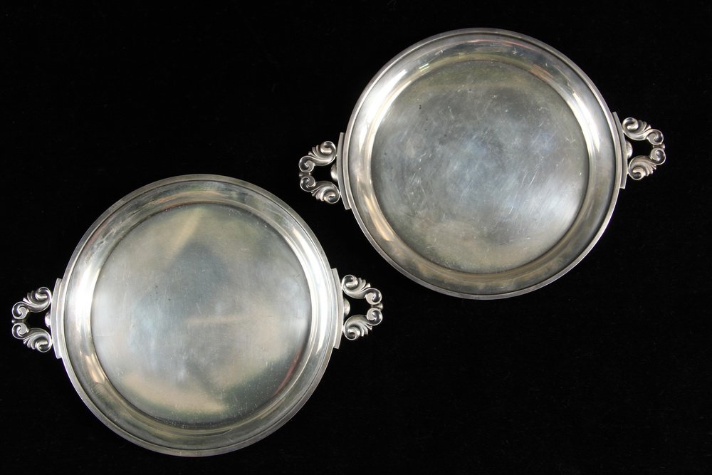 PR TRAYS - Pair of Georg Jensen Acorn Pattern Sterling: PR TRAYS - Pair of Georg Jensen Acorn Pattern Sterling Silver Handled Card Trays/Salvers, #741, with Johan Rohde designer mark, 7 1/4" wide from handle to handle, 10.05 ozt tw. Good condition.
