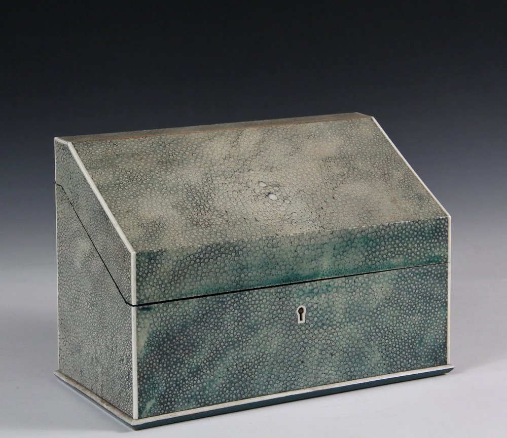 FINE SHAGREEN LETTER BOX - Vintage Slant Top Letter Box: FINE SHAGREEN LETTER BOX - Vintage Slant Top Letter Box in green tinted sharkskin, with bone edging, having four inner compartments, beautifully finished, 7" x 10 1/4" x 5 1/4". Very good condition.