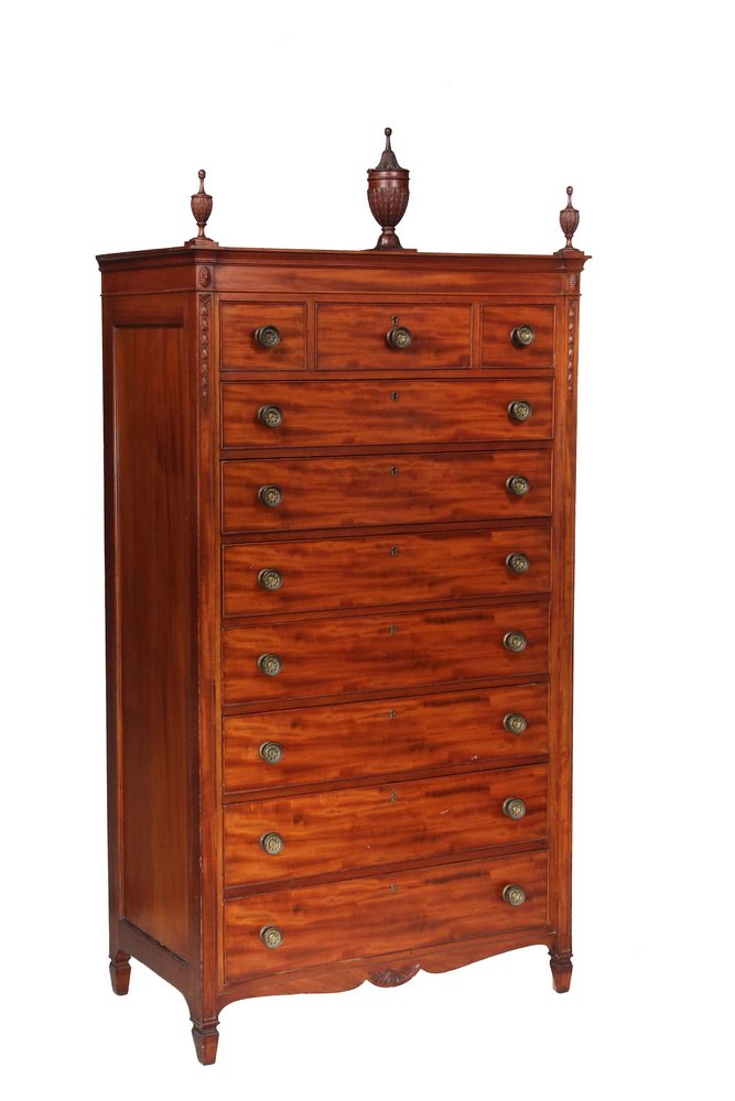 GENTLEMAN'S TALL CHEST - Custom Bench-Made Mahogany: GENTLEMAN'S TALL CHEST - Custom Bench-Made Mahogany Hepplewhite Style Tall Chest with large central urn finial flanked by two matching smaller finials, set on a flat molded cornice, beaded panel freiz