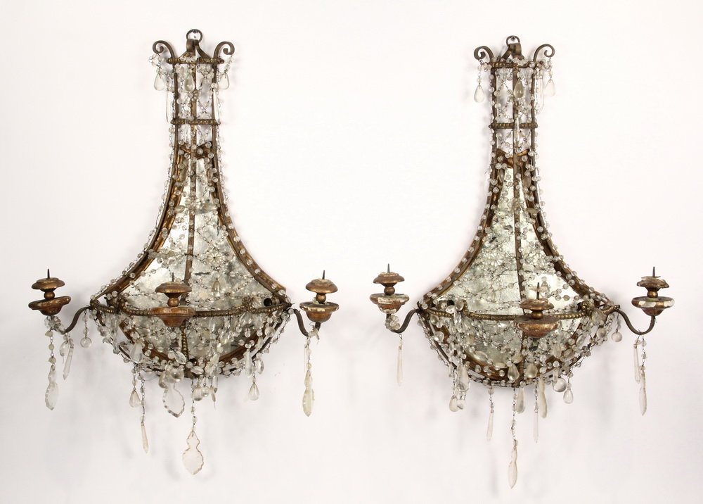 PAIR OF EARLY 19TH C. FRENCH SCONCES - Rare Empire: PAIR OF EARLY 19TH C. FRENCH SCONCES - Rare Empire Period Crystal Candle Sconces with gold painted iron and wood armatures, bobeches, over the original mirror backing, having later electric illuminati