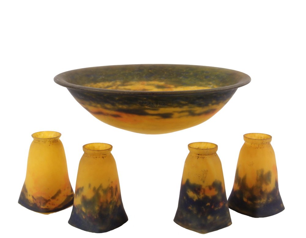 FRENCH ART GLASS (5 PC) LAMP GLASS SET - Chandelier: FRENCH ART GLASS (5 PC) LAMP GLASS SET - Chandelier Dome & Four Downlight Shades by Muller Freres, Luneville, all signed, in Imperial yellow and lavender, circa 1920s, 3 1/2" x 15 1/2" dome, 6" shade 