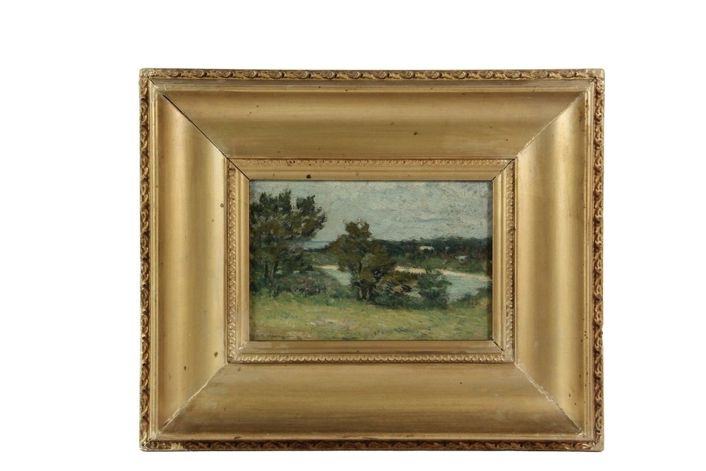 CLARK GREENWOOD (C.G.) VOORHEES (CT, 1871-1933) -: CLARK GREENWOOD (C.G.) VOORHEES (CT, 1871-1933) - Bermuda Coastal Landscape, oil on academy board, signed lower left, in vintage gold shallow cove frame, OS: 12 1/2" x 15 1/4", SS: 5 1/4" x 8". Good c