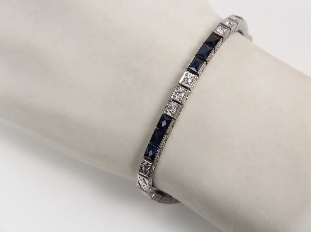 BRACELET - Art Deco Period Platinum, Sapphire and: BRACELET - Art Deco Period Platinum, Sapphire and Diamond Line Bracelet, with center box links set with (9) French cut sapphires and (6) full cut diamonds in alternating groups of three, est. total sa