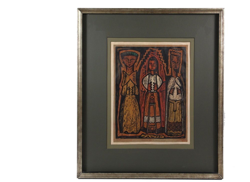 ANGEL BARRO BOTELLO (Spain/Puerto Rico, 1913-1986) -: ANGEL BARRO BOTELLO (Spain/Puerto Rico, 1913-1986) - "Santos de Puerto Rico", linocut on paper, signed, titled and numbered 14/50 at bottom, circa 1965. In gold cove frame with double green mat, OS: 2