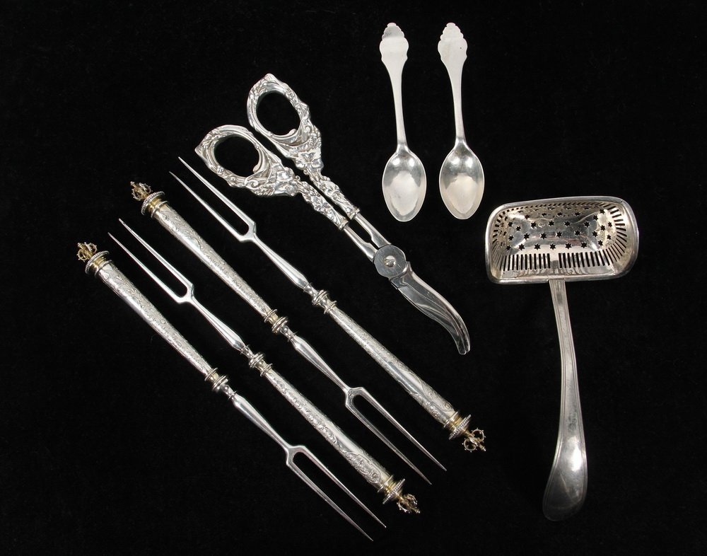 UTENSILS - Group of (8) Continental Silver Utensils,: UTENSILS - Group of (8) Continental Silver Utensils, including: a pair of 17th-18th c. Demitasse Spoons, with decorative scrolls on bowl backs, each with chalice mark and maker's initials "CL", 4 3/8"
