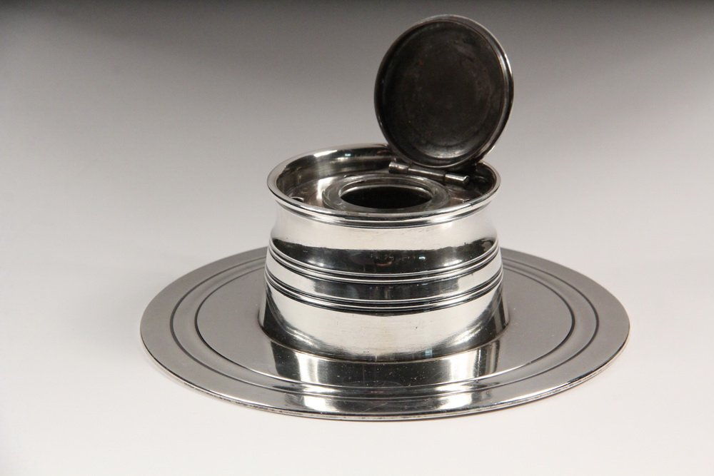 SILVER INKWELL - Sterling Silver Replica of an 18th c.: SILVER INKWELL - Sterling Silver Replica of an 18th c. Inkwell by Marcus & Company, New York, presentation on lid "ET (Elliot Tuckerman of Boston) from GD", 2 1/2" high, 6 3/4" diam., 15.79 ozt. Fine 