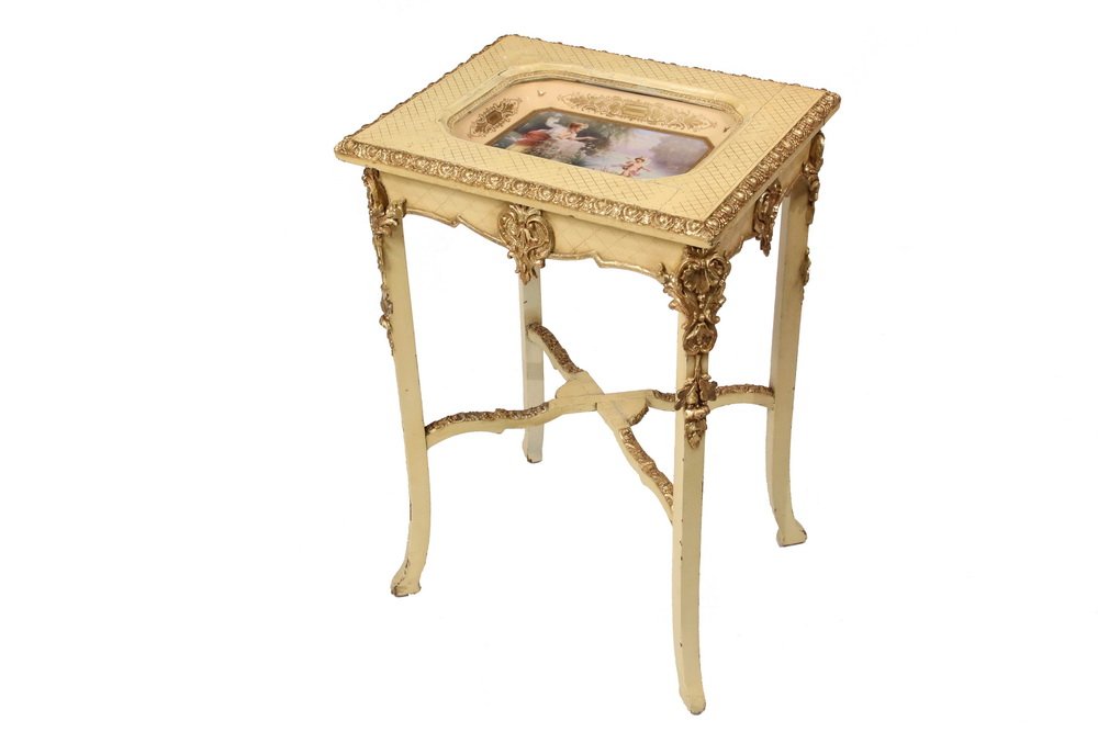 AUSTRIAN STAND WITH PORCELAIN INSERT - Yellow and Gold: AUSTRIAN STAND WITH PORCELAIN INSERT - Yellow and Gold Painted Parlor Table, circa 1890, containing inset porcelain bowl by Franz Dorfl of Vienna, titled "Der Kleine Lohengrin", signed 'Sutlov'. The s