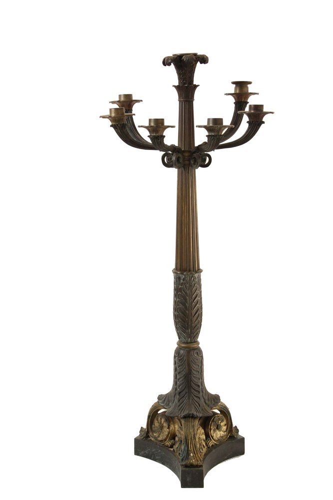 FRENCH CANDELABRUM - Period Napoleon III Banquet: FRENCH CANDELABRUM - Period Napoleon III Banquet Candelabrum in parcel gilt bronze, having a central feather crown cup atop a ribbed and tapered column, an intermediate ring supporting six scrolled ar