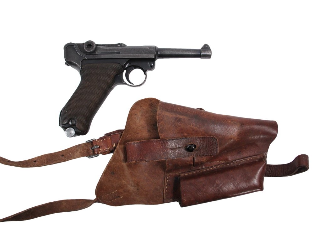 WWII PISTOL WITH HOLSTER - German Mauser Luger P-08, 9: WWII PISTOL WITH HOLSTER - German Mauser Luger P-08, 9 mm, S/42 dated 1938, s/n 1735, with brown leather shoulder holster having space for second magazine. Some wear.