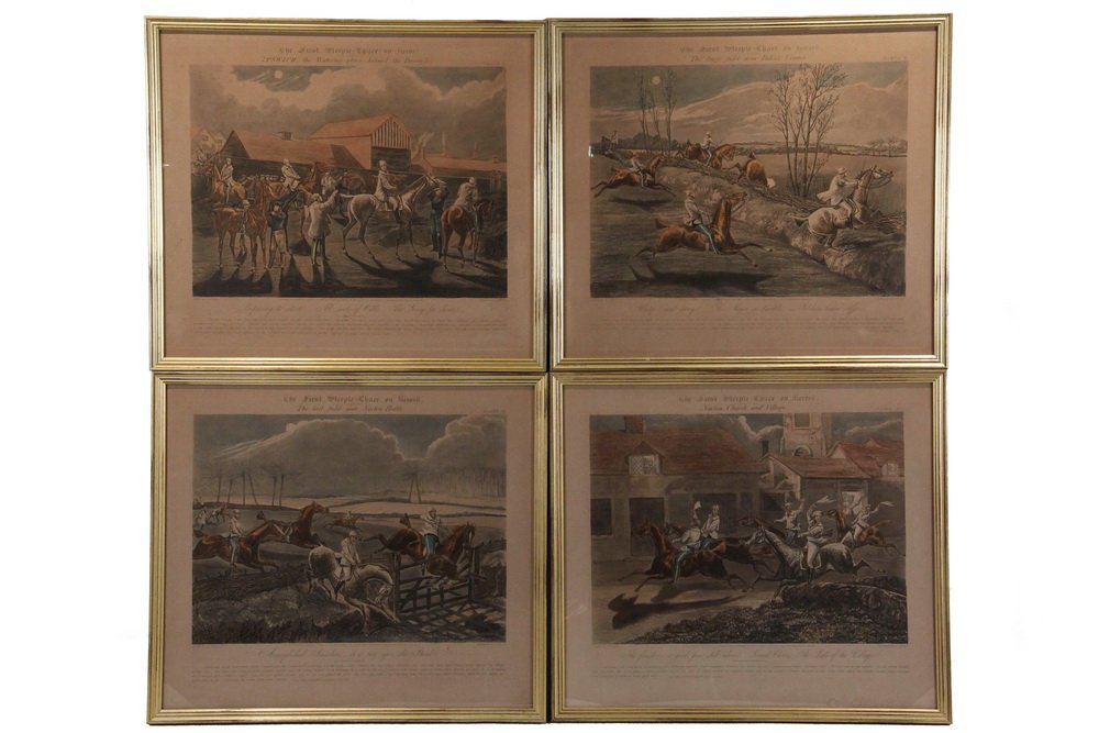 HENRY THOMAS ALKEN (UK, 1785-1851) - Complete Set of: HENRY THOMAS ALKEN (UK, 1785-1851) - Complete Set of (4) English Hunting Prints, hand colored lithos, all in gilt stick frames under glass, titled "The First Steeple Chace (sic) on Record", vide "The