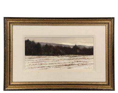 A. HALE JOHNSON (MA, 1937 - ) - A Winter Field, oil on: A. HALE JOHNSON (MA, 1937 - ) - A Winter Field, oil on panel, signed lower right, stamped verso with his Franklin Hill, Colrain, Mass. address, in gold molded frame with linen liner, OS: 12 1/4" x 18