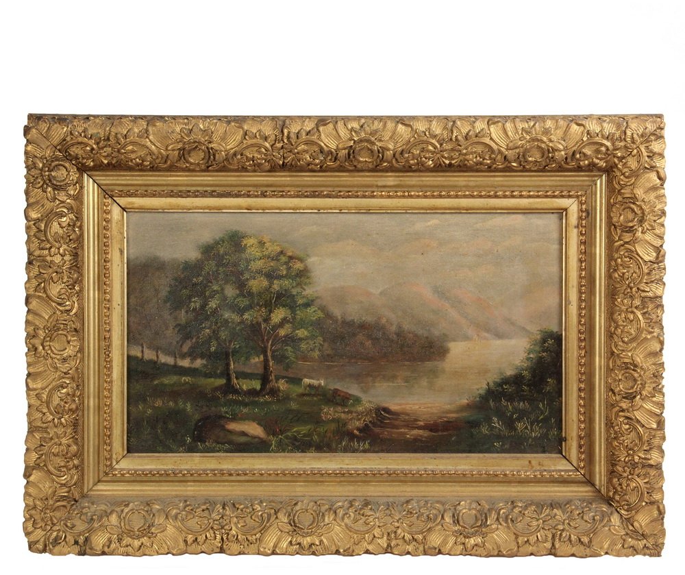 HUDSON RIVER VALLEY SCHOOL - River Scene with Cows at: HUDSON RIVER VALLEY SCHOOL - River Scene with Cows at Ford, Mountains Opposite, oil on canvas, unsigned, circa 1870, in gilt gesso cove frame, OS: 13 3/4" x 19 3/4", SS: 7 1/2" x 13 1/2". Good conditi