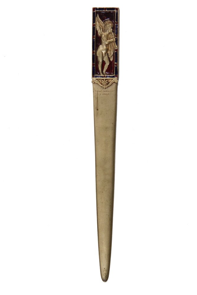 ITALIAN GILT BRONZE AND ENAMEL LETTER OPENER - Grand: ITALIAN GILT BRONZE AND ENAMEL LETTER OPENER - Grand Tour Era, the enameled handle depicting an angel playing a trumpet, marked on the blade "d'Apres Donatello, L. Zorra". 10 7/8" long. Luigi Zorra ha
