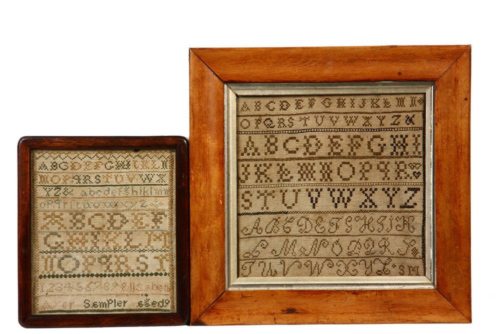 (2) SMALL FRAMED SAMPLERS - Both early 19th c., wool on: (2) SMALL FRAMED SAMPLERS - Both early 19th c., wool on linen, probably New England, the larger with three alphabets, simply initialed 'LM' lower right, in maple frame with gilt liner, under glass, OS