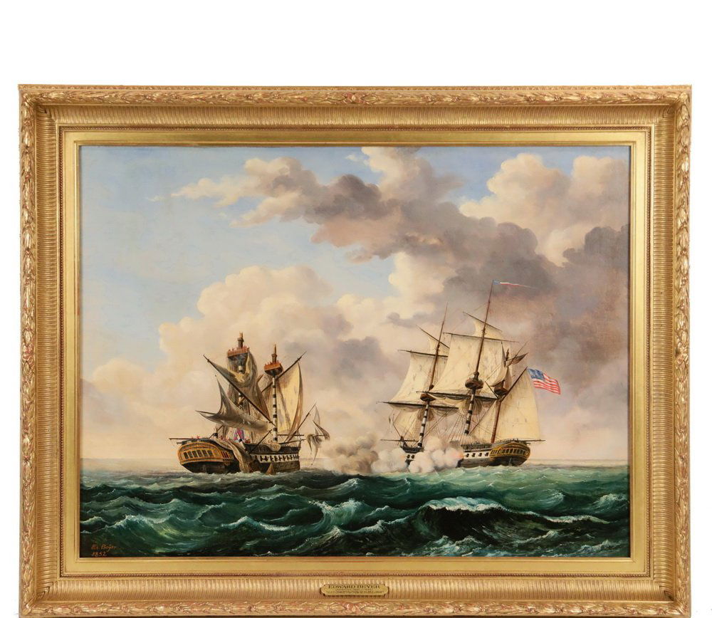 EDWARD BEYER (PA/VA, 1820-1865) - "USS Constitution and: EDWARD BEYER (PA/VA, 1820-1865) - "USS Constitution and HMS Java", oil on canvas, signed lower left and dated 1852, Quester Gallery of Rowayton, CT label verso, in replica gold Victorian frame, OS: 28
