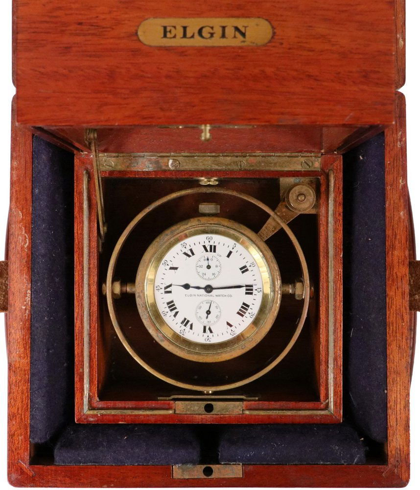 SCARCE DOUBLE CASED WWII VINTAGE ELGIN SHIP CHRONOMETER: SCARCE DOUBLE CASED WWII VINTAGE ELGIN SHIP CHRONOMETER - Elgin Free Sprung Father Time Deck Watch Clock in the original inner and outer cases, brass plate on the smaller case engraved "U.S.S.B. Ship