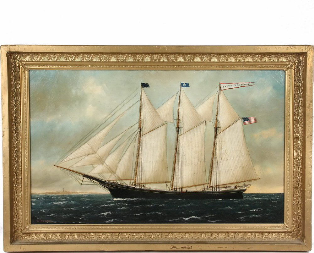 WILLIAM PIERCE STUBBS (ME/MA, 1842-1909) - Portrait of: WILLIAM PIERCE STUBBS (ME/MA, 1842-1909) - Portrait of the Three Mast Wooden Hulled Schooner "Harry Prescott" passing a lighthouse, oil on canvas, signed lower left, in the original gesso frame, now p