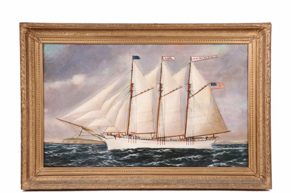 WILLIAM PIERCE STUBBS (ME/MA, 1842-1909) -The White: WILLIAM PIERCE STUBBS (ME/MA, 1842-1909) -The White Hulled Three Mast Schooner 'S.G. Haskell', passing a lighthouse, outward bound, oil on canvas laid to board, signed lower left, in gold gesso frame,