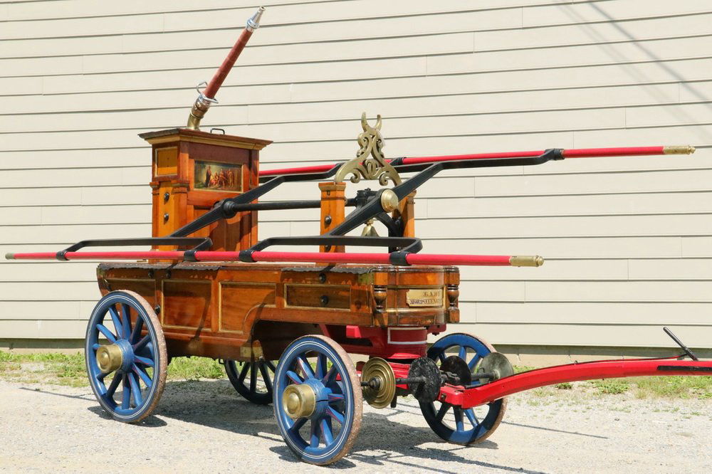 RARE EARLY FIRE PUMPER - 1832 Classic New York: RARE EARLY FIRE PUMPER - 1832 Classic New York Gooseneck Tub Pump Engine "Lady Washington", made by James Smith of New York for Engine Company No. 40 of Manhattan, name plate at front, maker's name on