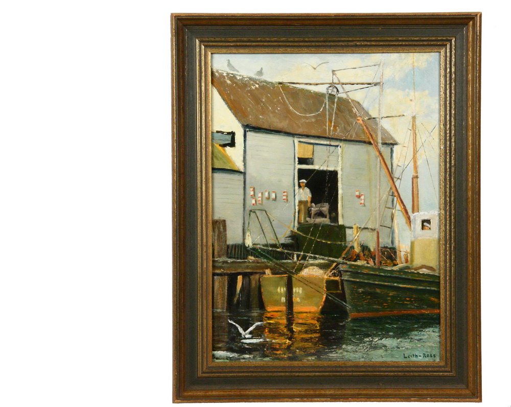 HARRY LEITH-ROSS (PA, 1886-1973) - "Gloucester Harbor: HARRY LEITH-ROSS (PA, 1886-1973) - "Gloucester Harbor Dock", oil on canvas board, signed lower right, circa 1960, depicting a man standing in his shanty door, behind his trawler, in gold/grey molded f