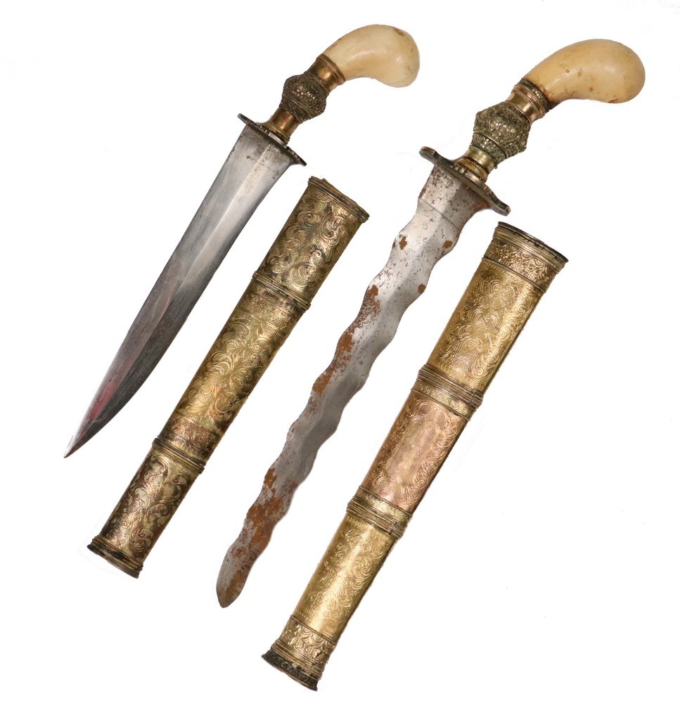 (2) FILIPINO KRIS - 19th c. Philippine Moro Islamic: (2) FILIPINO KRIS - 19th c. Philippine Moro Islamic Punal Kris Ceremonial Daggers with traditional wavy blades, gilt silver fittings and sheathes, typical lobe form bone handles, without the flange ex
