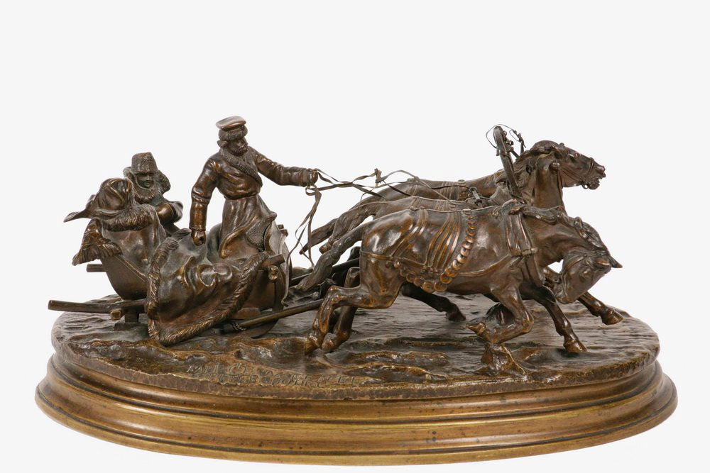 VASSILI YACOLEVITCH GRACHEV (Russian, 1831-1905) -: VASSILI YACOLEVITCH GRACHEV (Russian, 1831-1905) - Couple in Winter Troika, cast and patinated bronze, incised with artist's signature in Cyrillic and foundry mark in English of C.F.Woerffel in St. Pe