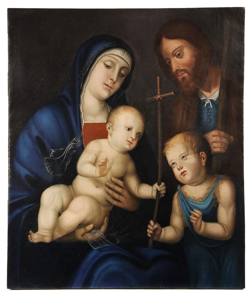 AFTER FRANCESCO FRANCIA (Italy, 1450-1517) - Madonna: AFTER FRANCESCO FRANCIA (Italy, 1450-1517) - Madonna and Child with the Infant John the Baptist, oil on copper or tin, on elaborate cradle board, SS: 25 1/2" x 22". Retouched peeling in background and