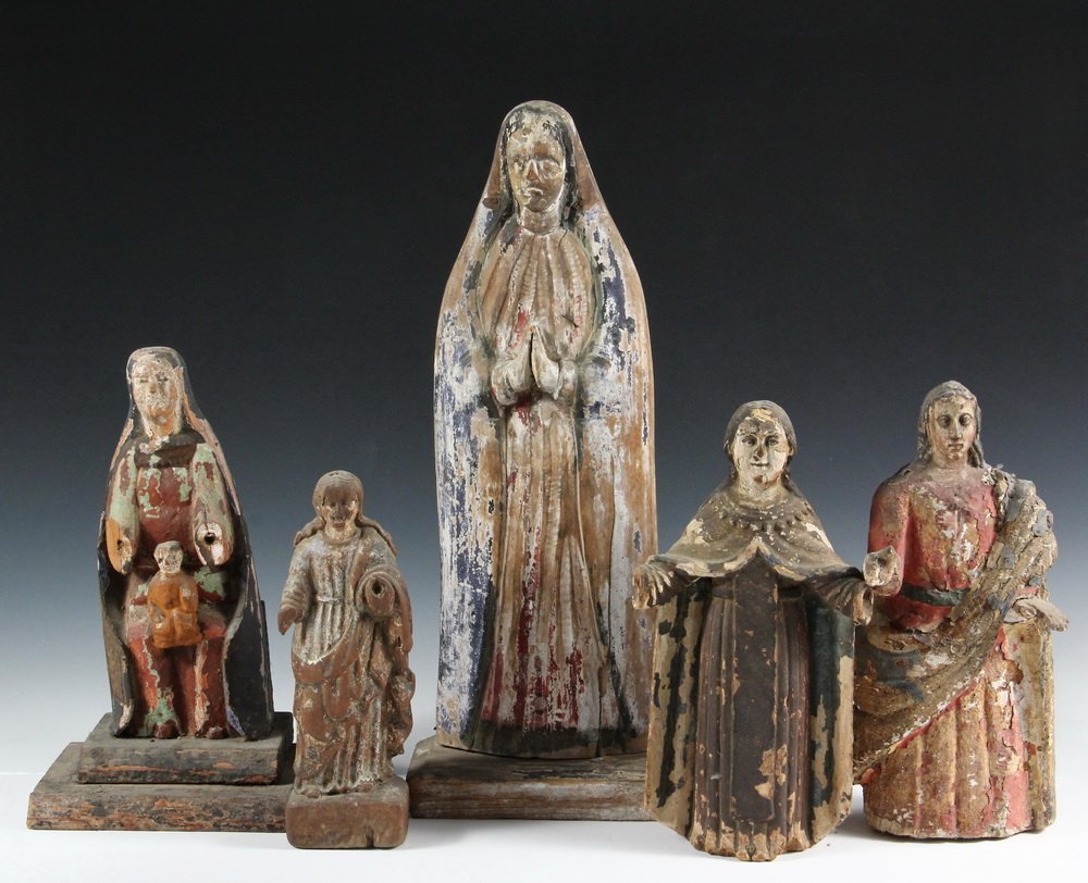 (5) SPANISH COLONIAL SANTOS - 19th c. Figures of Female: (5) SPANISH COLONIAL SANTOS - 19th c. Figures of Female Saints, or the Madonna, with tags indicating sources of Puerto Rico, Colombia and Mexico. Ranging in size from 9" to 18". Weathered, losses, nic