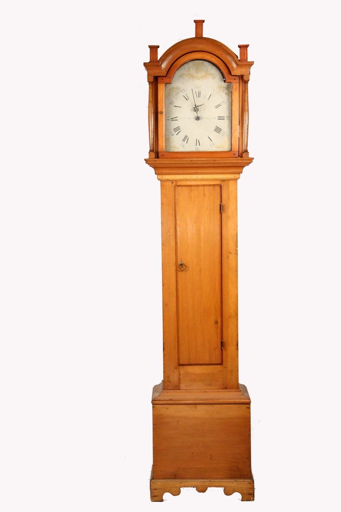 SETH THOMAS TALL CLOCK - Early Pine Cased Tall Clock,: SETH THOMAS TALL CLOCK - Early Pine Cased Tall Clock, circa 1820-30, with painted wooden dial marked "S. Thomas, Plymouth" (renamed Thomaston, Connecticut in 1865), with gilt brackets and crest, havin