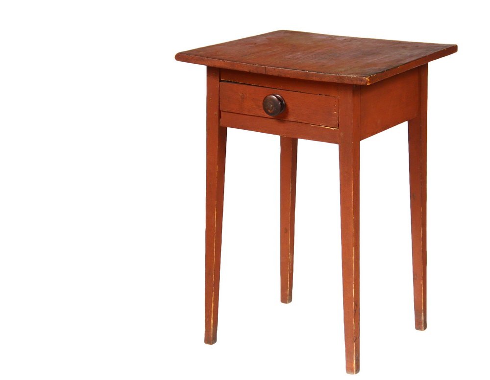 MAINE COUNTRY STAND - Hepplewhite Pine Stand in red: MAINE COUNTRY STAND - Hepplewhite Pine Stand in red casein paint, having an overhanging top, single drawer with mushroom knob, tapered square legs, 29" x 20 1/4" x 20". Nice age and use patina.