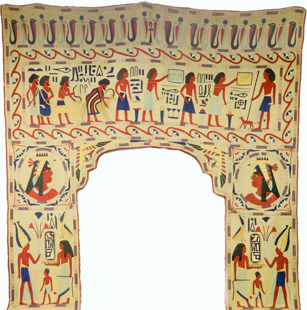 EGYPTIAN PORTAL DRAPERY - Cotton Applique Entry Mantle,: EGYPTIAN PORTAL DRAPERY - Cotton Applique Entry Mantle, Grand Tour Era, in the style of Ancient Egypt, late 19th c, having a row of sacred snakes at the top, a frieze of figures and hieroglyphs as is 