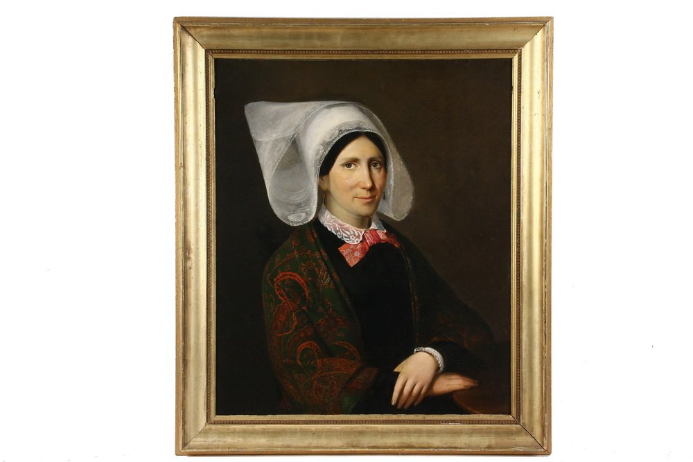 EARLY 19TH C. FLEMISH SCHOOL - Portrait of a Woman in: EARLY 19TH C. FLEMISH SCHOOL - Portrait of a Woman in the distinctive Belgian lace headdress of the region, with lace collar and paisley shawl, oil on canvas, unsigned, in lemon gold cove frame, OS: 3