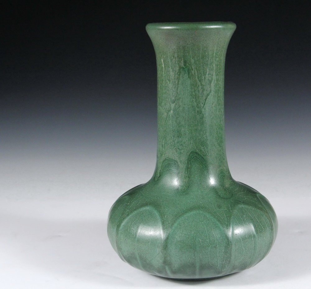 VASE - Large Baluster Shape Art Pottery Vase by: VASE - Large Baluster Shape Art Pottery Vase by Hampshire Pottery, early 20th c., with green matte glaze and leaf form decoration, flared rim, marked on base "Hampshire Pottery, 124" and with an M in
