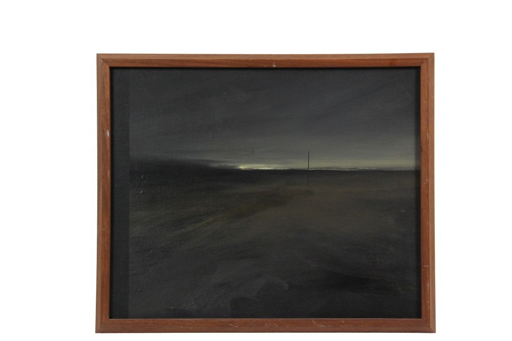DOZIER BELL (ME/NY, 1957 - ) - "Night Shore", oil on: DOZIER BELL (ME/NY, 1957 - ) - "Night Shore", oil on linen, signed verso and dated 5/88, in a mitered mahogany frame, OS: 14" x 17", SS: 12 1/2" x 15 1/2". Fine condition, small scuffs to frame. Sold