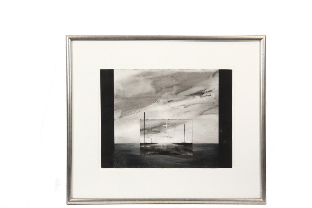 DOZIER BELL (NY/ME, 1957 - ) - "Crossing",: DOZIER BELL (NY/ME, 1957 - ) - "Crossing", gouache/collage, unsigned, identified, titled and dated 1993 on Frick Gallery of Belfast, Maine label verso, in silver domed frame, matted and glazed, OS: 18