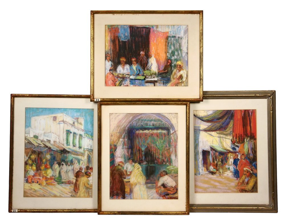 HORTENSE T. FERNE (ME/NY, 1885-1976) - (4) Moroccan: HORTENSE T. FERNE (ME/NY, 1885-1976) - (4) Tunisian Street Scenes, pastel on paper, circa 1930, including: "In the Souk, Tunis", in matched corner frame, matted and glazed, unsigned, OS: 17" x 14", SS