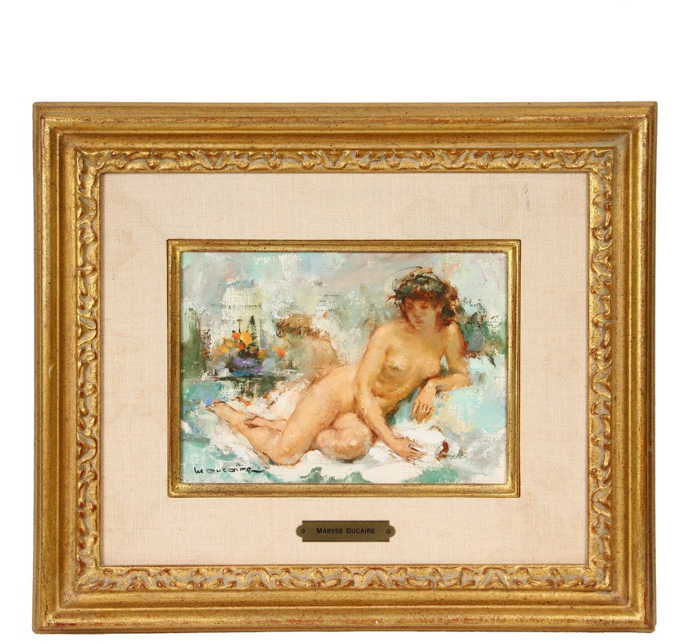 MARYSE DUCAIRE-ROQUE (France, 1911-1992) - Reclining: MARYSE DUCAIRE-ROQUE (France, 1911-1992) - Reclining Nude, oil on canvas, signed lower left, Wally Findlay Galleries label verso, in gold frame with linen mat and gilt liner, brass name tag, OS: 13 1/