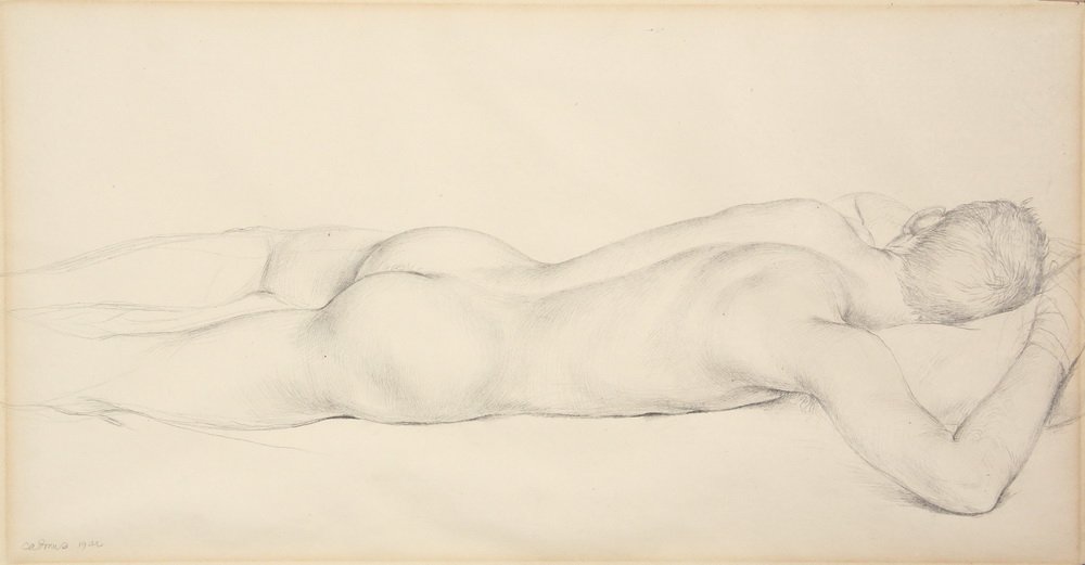 PAUL CADMUS (CT, 1904-1999) - Reclining Male Nude, Back: PAUL CADMUS (CT, 1904-1999) - Reclining Male Nude, Back View, with Wrapped Hands, graphite on paper, signed lower left and dated 1942, unframed, 9 1/2" x 15 1/2" sheet. Toned.