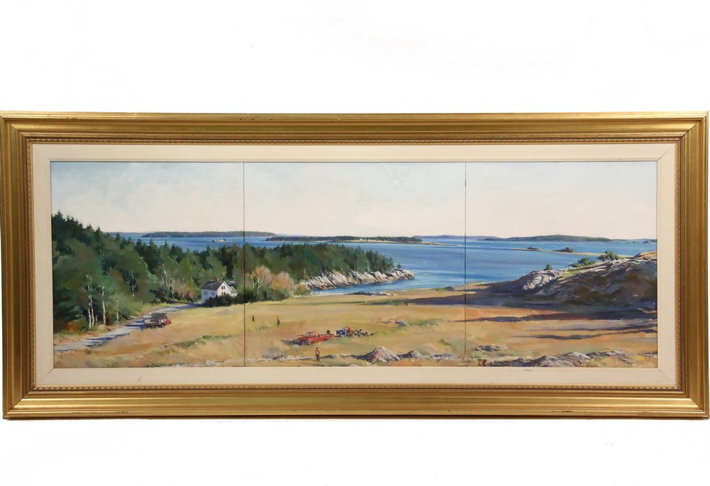PAUL RICKERT (PA, 1947 - ) - "Pickers", a triptych, oil: PAUL RICKERT (PA, 1947 - ) - "Pickers", a triptych, oil on canvas, signed lower right on the far right canvas, titled verso, depicting blueberry fields on the Maine coast, in a gold molded frame with