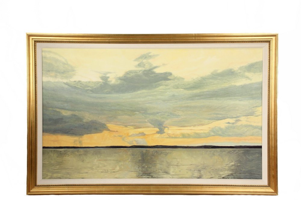 CONLEY HARRIS (MA, 1943 - ) - "Celadon Skies", oil on: CONLEY HARRIS (MA, 1943 - ) - "Celadon Skies", oil on canvas, signed lower right, titled verso, depicting a yellow sunrise over a line of islands, in a gold molded frame with linen liner, OS: 51" x 79