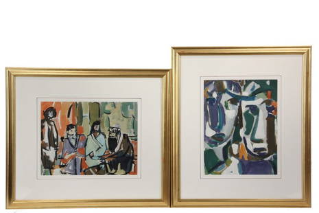 RICHARD TUCKER (ME, 1903-1979) - (2) Color Gouaches on: RICHARD TUCKER (ME, 1903-1979) - (2) Color Gouaches on board, including: "Four Figures" & "Abstract Portrait of Couple", both unsigned, in matching gold frames, matted and glazed, OS: 19" x 22" & 22"