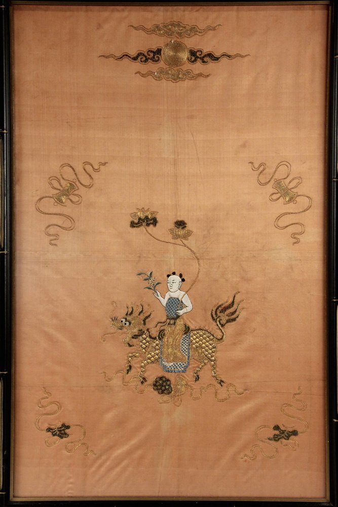 CHINESE SILKWORK - Peach Colored Silk Panel with Gold (1 of 2)