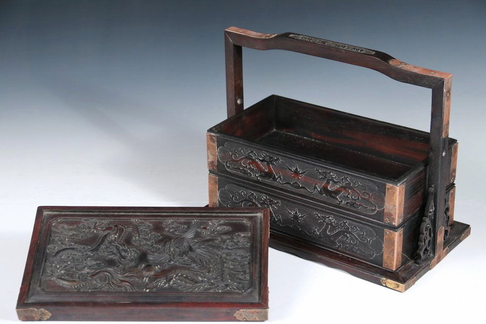 CHINESE WOOD FOOD CARRIER - 19th c. Copper Bound (1 of 4)