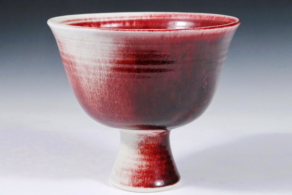 THOMAS BEZANSON (VT, 1929-2007) - Art Pottery Footed: THOMAS BEZANSON (VT, 1929-2007) - Art Pottery Footed Bowl with Copper Red on Opalescent White Glaze, incised on base rim "Benedictine Monks, Weston, Vermont", 7 5/8" tall, 8 5/8" diameter. Fine condit