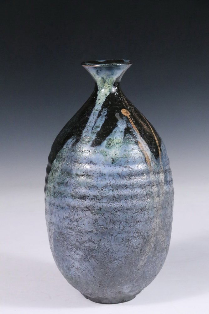 THOMAS BEZANSON (VT, 1929-2007) - Ovoid Art Pottery: THOMAS BEZANSON (VT, 1929-2007) - Ovoid Art Pottery Vase with Ribbed Sides and Flared Rim, textured surface with blue ash, celadon, iron yellow and oil spot glaze, incised on base "Benedictine Monks,